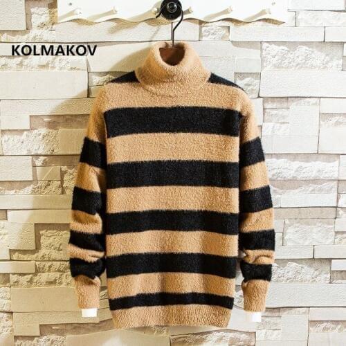 2020 autumn Men Cashmere Sweater high quality mens Turtleneck Sweaters Winter Warm stripe knitting Pullover men size M-3XL