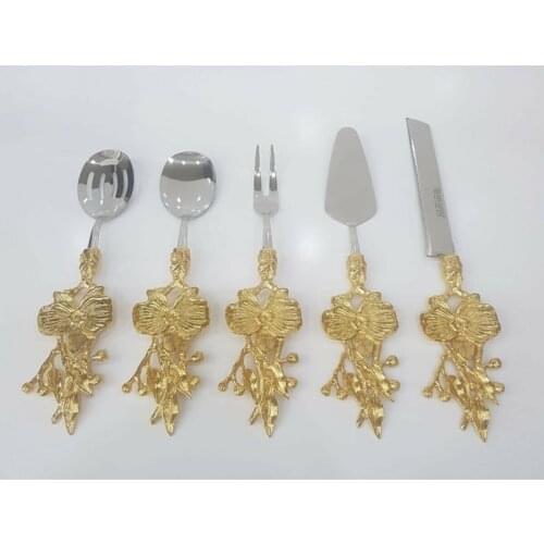 5 Piece Orchid Serving Set Gold Colored Embroidered Handles Modern Serving Set Kitchen Cooking Presentation