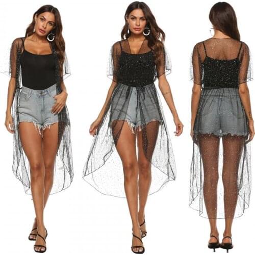 Sexy Starry Sky Dotted Cover Up Bikini Women Swimsuit Cover-up Beach Bathing Irregular Sunscreen Cardigan Mesh Beach Tunic Robe