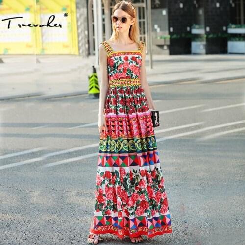 Truevoker Designer Dress Womens High Quality Noble Multicolor Floral Printed Diamond Beading Maxi Long Holiday Strap Dress