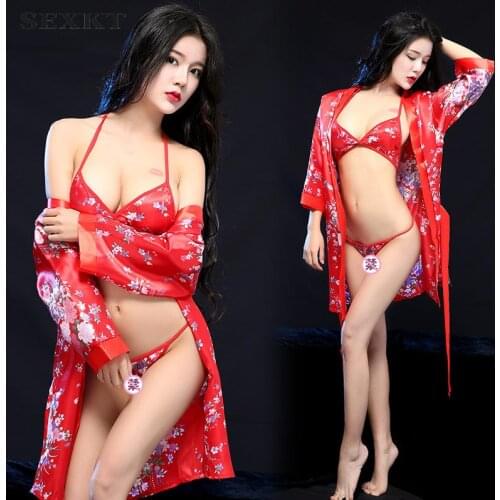 Sexy erotic lingerie red print Japanese kimono bathrobe three-point skirt suit bathrobe sexy nightwear