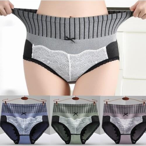 New Seamless Breathable Cotton Womens High-waist Abdomen Cotton Briefs Large Size Lace Stripes Fashionable and Comfortable