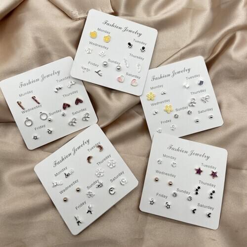 Heart Star Moon Mini Stud Earrings Set Pearl Geometric Crystal Earrings For Women Fashion Jewelry Girls Gifts Flower Brincos