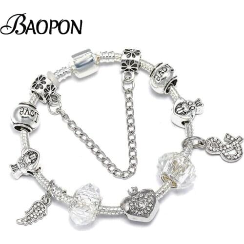 2021 New Silver Color Crystal Crown Charm Bracelet & Bangle With Heart Beads Bracelets For Women Girlfriend Jewelry Pulseras