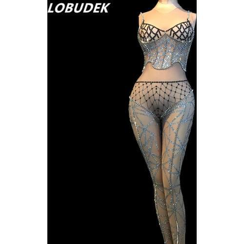 Female Jumpsuit Silvery Rivet Stones Bodysuit Sexy Party Bar Stage Outfits Nightclub DJ Singer Performance Costume Dance Wears