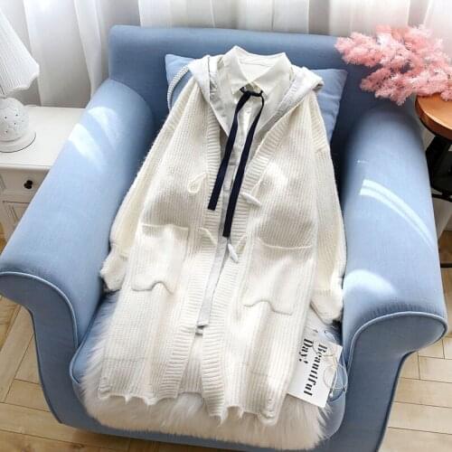 False Two Pieces Patchwork Women Sweater And Cardigan Solid Loose Hooded Pocket Long Lantern Sleeve Lady Outwear Coat Tops