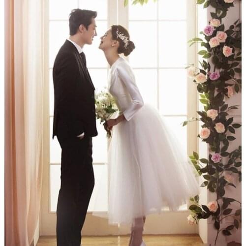 2021 New Elegant A-Line Round Neck Satin Vintage Long Sleeve Simple Ankle Length Wedding Gown Wedding Dress vestidos de novia