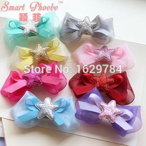 30pcs/8C Fashion Cute Gauze Hair Bow with Glitter Star Girls Hairpins Kawaii Solid Bowknot Hair Clips Hair Accessories Headwear