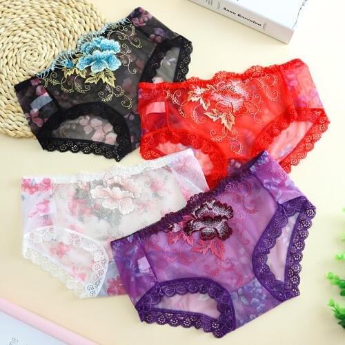 5pcs/lot women embroidery briefs panties ultra thin mesh fancy colors female sexy underwear transparent hot intimate girl 804nP5