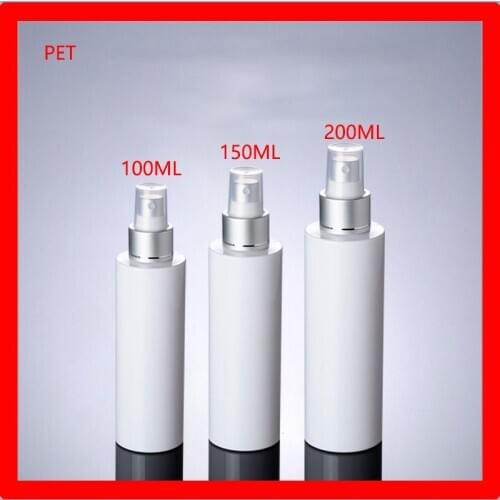 100/150/200ML PET white plastic bottles w mist spray skin care cosmetic container Packaging Refillable Bottles silver cap