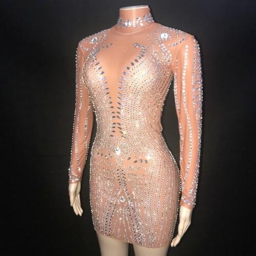 Flashing Silver Rhinestone Transparent Dress Evening Dance Show Sexy Wear Birthday Celebrate Mesh Costume Short Dress