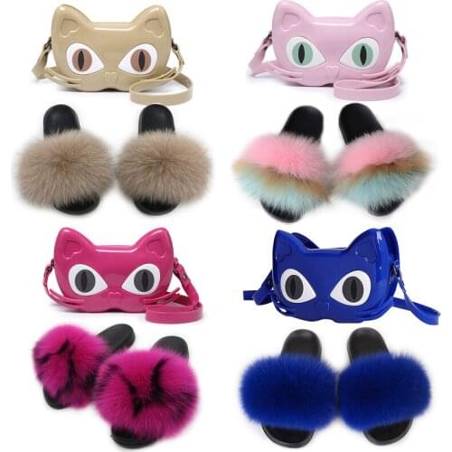 Childrens Colorful Fox Fur Slippers Girls Fluffy Sandals Kids Furry Slides Fashion Shoes Cute Jelly Bags Shoulder Wallet Sets