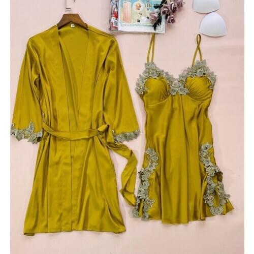 Spring Summer New Bathrobe Women Sexy Robe Faux Silk Sleepwear 2 Piece Set Lace Intimate Lingerie Kimono Gown Soft Homewear