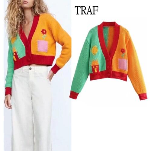 TRAF Za Cardigan Women Sweater 2021 Autumn y2k Long Sleeve Button Womens Coat Vintage Women Clothing Korean Ladies Sweater Top