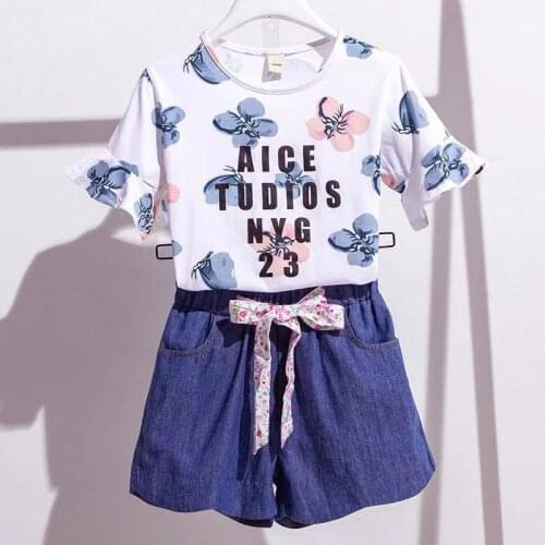 Flower Girls Clothing Set Fashion Cotton Letter T-Shirt + Short Jeans 2Pcs Suit For GIrl Children Birthday Present Kids Clothes