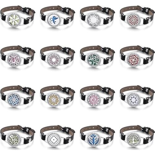 Rhinestone One Turns Leather Charm Bracelet Stainless Steel Party Jewelry Aromatherapy Essential Oil Diffuser Locket Bracelet