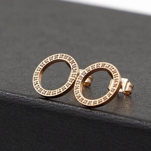 Round CNC Micro-Inlaid Full-Jeweled Stud Earrings Girls Luxury Full Diamond Titanium Steel Earrings Jewelry Wholesale