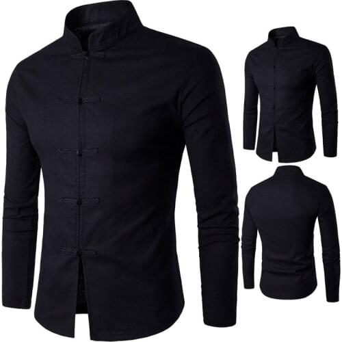 Mens Shirt Tang Suit Long Sleeve Stand Collar Solid Color Cardigan Shirt Casual Pan Buckle Hemp Material Tops