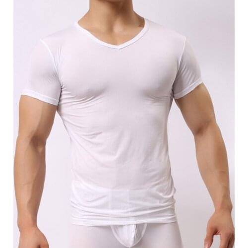 Men T-shirts Short Sleeve Sexy Ice Silk Undershirts Seamless Slip Sports Fitness Workout Shirts Homewear Camisetas Sleepwear 2XL