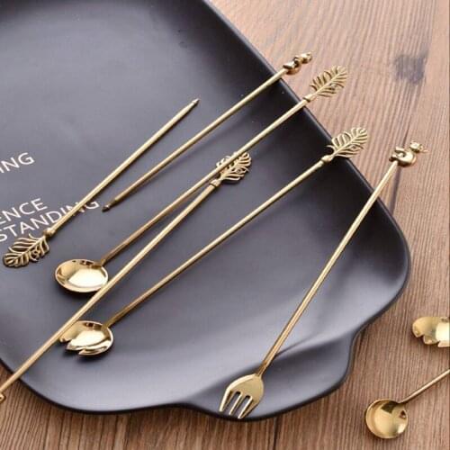 Lovely Cocktail Mixing Stick Set Tableware Stainless Steel Gold Coffee Scoops Bar Koala Leaf Fruit Salad Decoration Sticks 5pcs