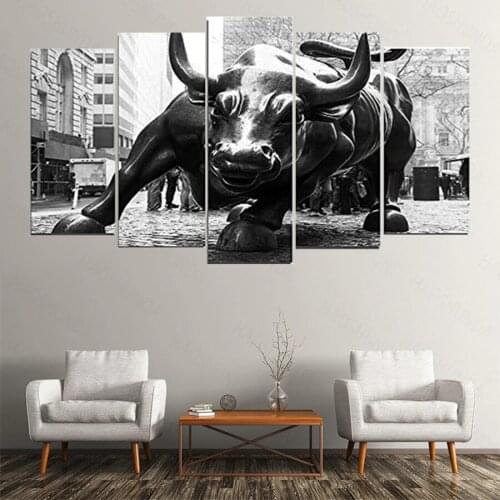 New York Landmark Charging Wall Street Bull 5 Pieces Canvas Painting Oil Print Poster Wall Art Picture For Living Room Home