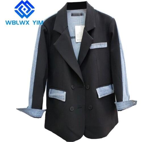 Denim Spliced Blazer Jacket Women Double breasted Lapel Black Suit Jacket Asymmetry Fashion Patchwork Loose Blazers Coat Female
