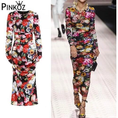 Pinkoz Spring Summer Dress Runway Fashion Long Sleeve Floral Printed Draped Slim Elegant Vintage Boho Robe Midi Dresses Vestidos