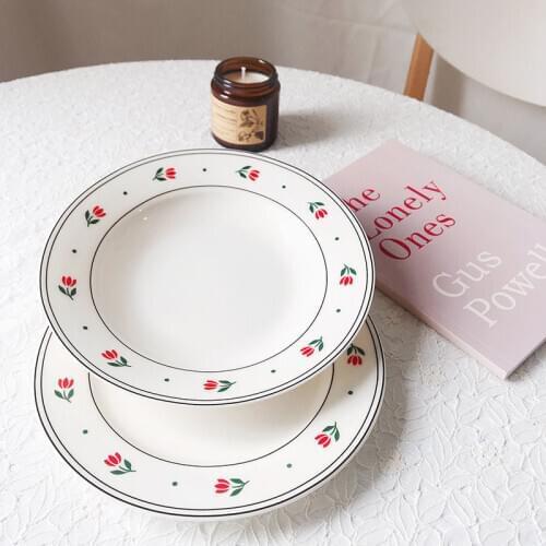 Hand-Painted Colorful Hipster Flower Plate Ins Wind Korean Ceramic Dessert Cake Dish Household round Breakfast Plate