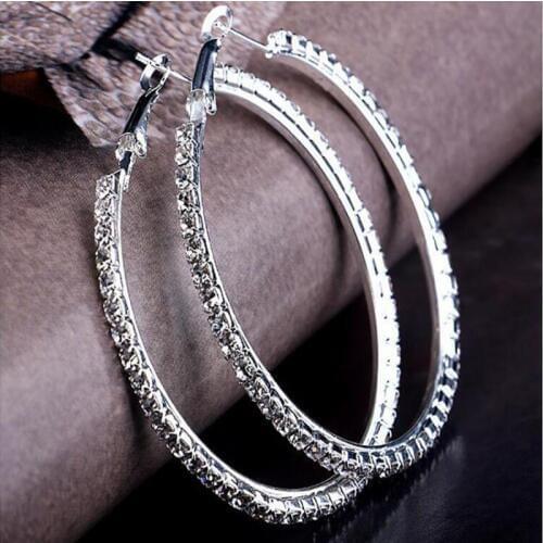 Silver Color High Polished Hoop Earrings Paved With AAA Austrian Cubic Zirconia For Wedding Party Jewelry