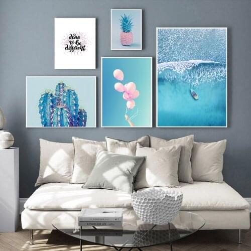 Nordic Style Blue Theme Ocean Pineapple Cactus Balloon Landscape Picture Poster Print Wall Art Canvas Painting Home Decoration