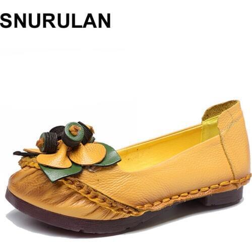 SNURULAN 2020New Spring Ethnic Style Flower Women Flat Shoes Comfort Cowhide Leather Shoes Woman Non-Slip Shallow Mouth Casual