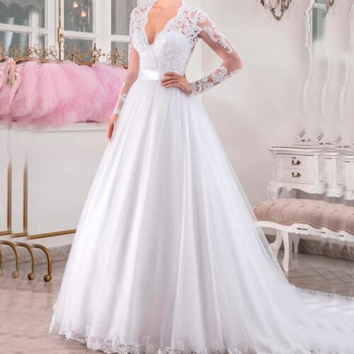 Long Sleeve Wedding Dresses V-Neck A-Line Lace Appliques Plus Size Wedding Gowns with Bow Vintage Bride Dress