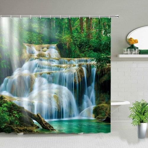 Waterfall Forest Plant Spring Landscape Waterproof Shower Curtains Animal Wolf Green Leaf Scenery Bathroom Decor Cloth Curtain