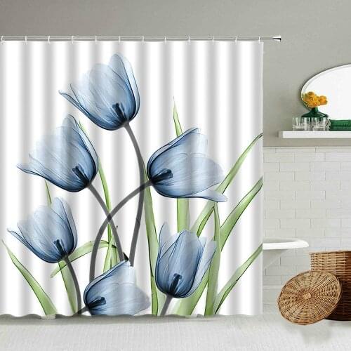 Tulip Flower Shower Curtain Plant Leafs Transparent Floral Art European Style Bathroom Wall Decor Waterproof Screen With Hook
