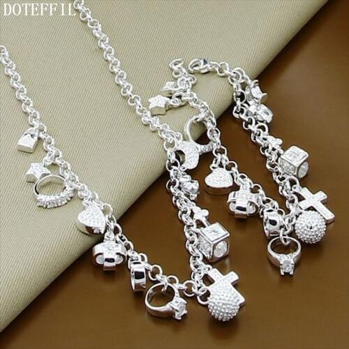 DOTEFFIL 925 Sterling Silver Heart Ball Cross Ring Star Pendant Necklace Bracelets Set For Women Wedding Engagement Jewelry