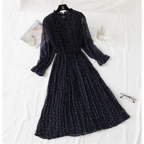 2019 Spring Summer Women Long Sleeve Dot Chiffon Dress Big Size S-2XL Dress Elegant Lady Midi Long Ruffled Dressess Vestidos 745