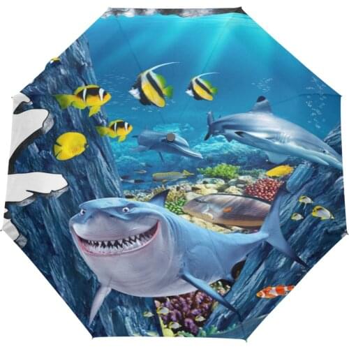 Alaza 3D Shark Printed Umbrella Rain Women Automatic 3 Folding Umbrella Male Ocean Fish Chirldren Parasol Durable Sun protection