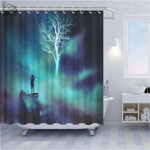 Starry Sky Stars Tree Reflection Fabric Shower Curtain Set Bathroom Decor