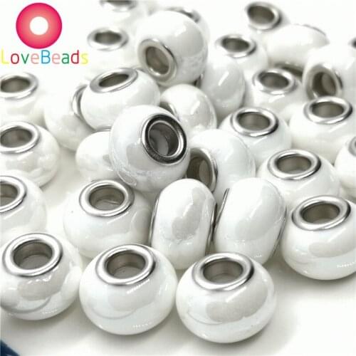 10Pcs Round Smooth Large Hole Glass Murano European Loose Spacer Beads Fit Pandora Bracelet Chain Necklace Women Jewelry Making