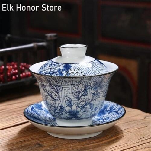 170ml Blue and White Gaiwan Single Ceramic Large Tea Bowl Jingdezhen Tiandiren Tureen Large Capacity Household Tea Maker Gift