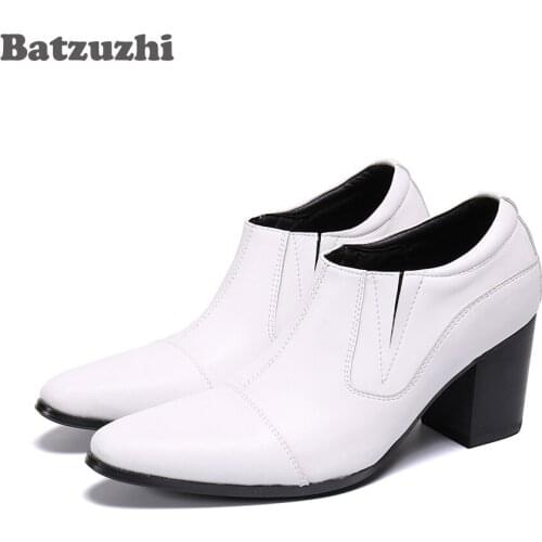 Batzuzhi 7CM HIGH HEEL Mens Ankle Boots White Genuine Leather Boots for Men Botas Hombre Handmade Designer, Big Sizes EU38-EU46