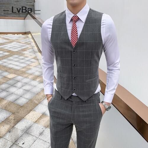 Mens Two Pieces Pants+Vest Social Suit Set Fashion Men Plaid Business Slim Fit Casual Formal Suits Homme Classic Black Grey