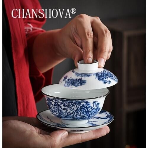 CHANSHOVA 150ml Chinese style Ceramic Tea Tureen tea cup set Chna Blue and white porcelain Tea bowl 3-piece tea set H611