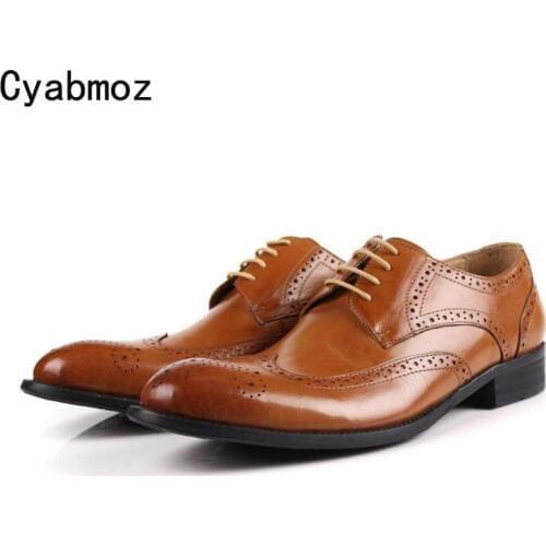 Cyabmoz High Quality Men Oxfords Shoes British Genuine Leather Brogue Carved Shoe Lace-Up Bullock Business Dress Mens Flats Shoe