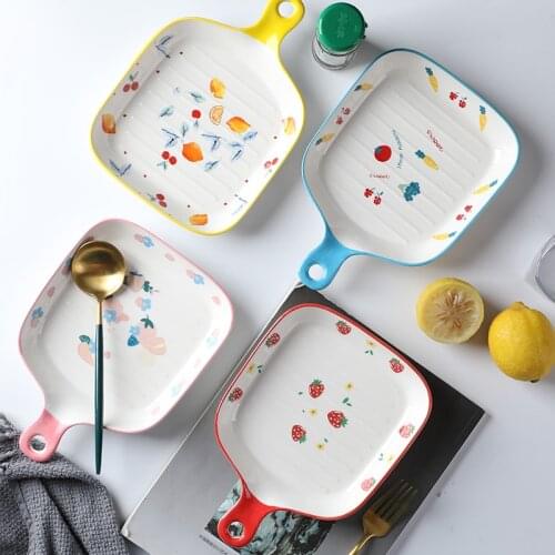 Ceramic Handle Plate Baking Pan Pasta Lasagna Dish Fresh Fruit Hand Painted Salad Dinner Plate Household Tray