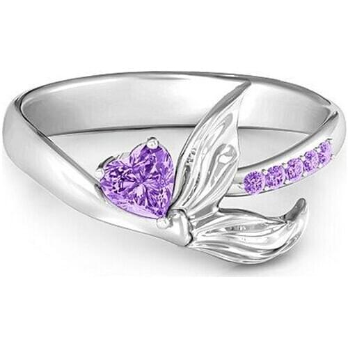 Cute Female Small Mermaid Fish Tail Ring Boho Silver Color Bridal Engagement Heart Vintage Wedding Jewelry Rings For Women