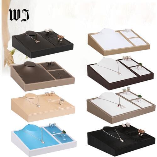Qulaity Faux Leather Ring Necklace Earrings Jewelry Display Tray Showcase Set Jewellery Organizer for Bague Colar Stand Holder