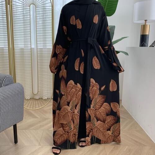 Fashion leaf pattern mulsim peignoir Muslim abayas Dubai Muslim full length cardigan opening robes Worship Service abayas F1667