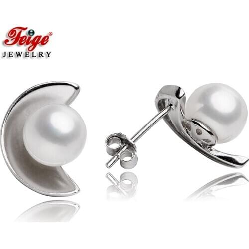 Moon 925 Sterling Silver 2 Color Natural Freshwater Cultured Pearl Stud Earrings for Women Fashion Pearl Jewelry Wholesale FEIGE