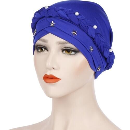 Muslim Women Cross Silk Braid Pearl Bead Turban Hat Cancer Chemo Beanies Cap Hijab Headwear Headwrap Hair Loss Cover Accessories